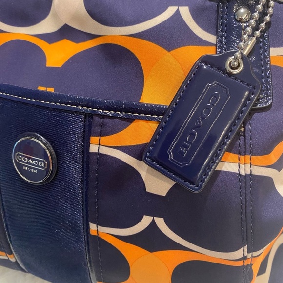 Coach Signature Satchel Navy and Orange Handbag With Leather Trim. COA! - Picture 4 of 11